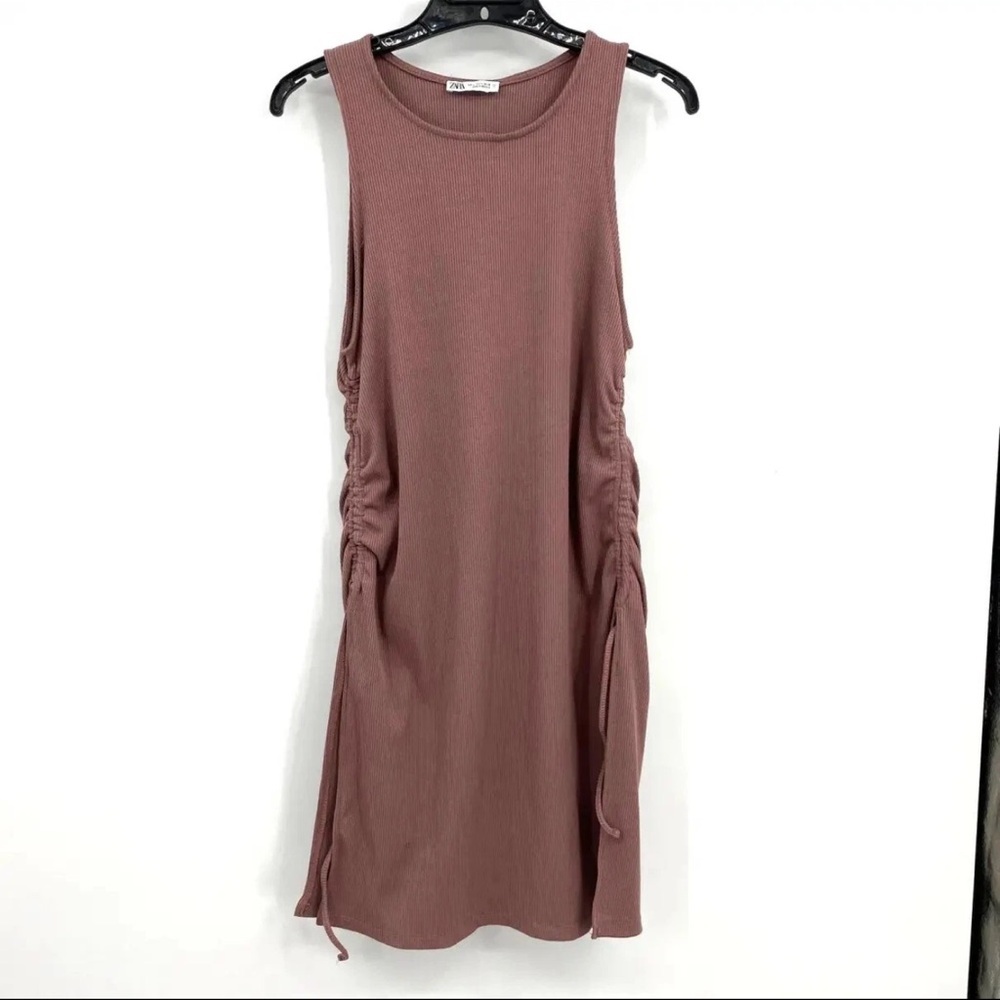 Zara Women’s Ribbed Rouched Bodycon Mini Mauve Dress